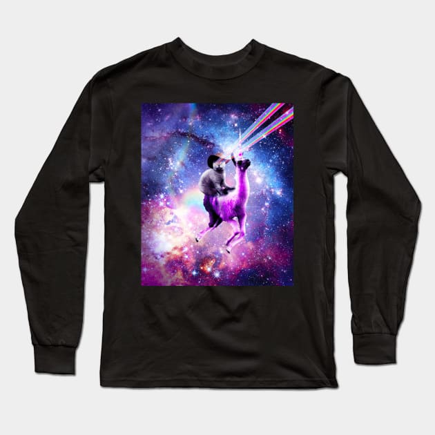 Laser Eyes Outer Space Cat Riding On Llama Unicorn Long Sleeve T-Shirt by Random Galaxy